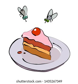 Two funny cartoon flies fly over a slice of birthday cake, brush drawings style 