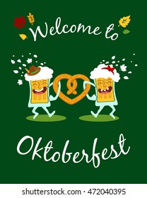 Two funny cartoon friends glass mugs of beer dancing with pretzel in form of heart. Oktoberfest festival celebration poster. Vector flat illustration.