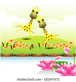 Two funny cartoon giraffes on green grass