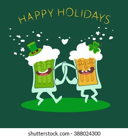 Two funny cartoon glasses of beer dancing on Saint Patrick's day