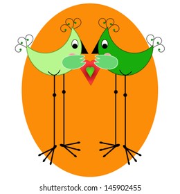 two funny cartoon long-legged birds with curly tufts and tails, holding the heart over orange background, vector EPS 10