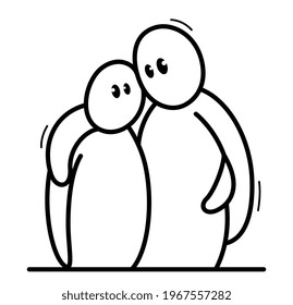 Two funny cartoon men hugging each other funny cartoon flat style vector illustration isolated, friends or lovers partners trust darling people supporting each other concept.
