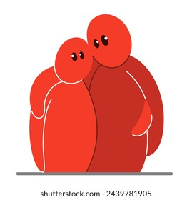 Two funny cartoon men hugging each other funny cartoon flat style vector illustration isolated, friends or lovers partners trust darling people supporting each other concept.