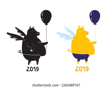 Two funny cartoon pig character with wings and balloons. Two version - yellowand black and white pigs vector.
