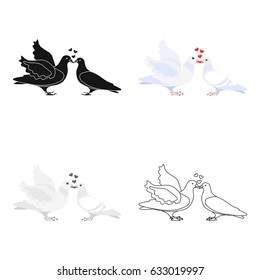 Two funny cartoon pigeons illustration. White doves with a heart. A symbol of love for the bride and groom.Wedding single icon in cartoon style vector symbol stock illustration.