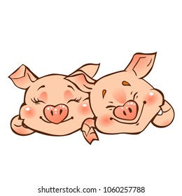 Two funny cartoon pigs. Symbol of the Chinese horoscope. Isolated on white background.
