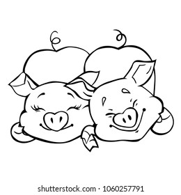 Two funny cartoon pigs. Symbol of the Chinese horoscope. Outlined for coloring book.
