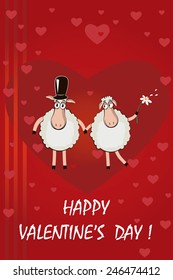 Two funny cartoon sheeps on red heart background. Happy Valentines Day Card.
