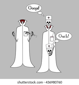 Two Funny cartoon skeletons doctors holding a part of the skeleton.