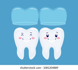 two funny cartoon teeth with the invisible  braces system. Vector illustration