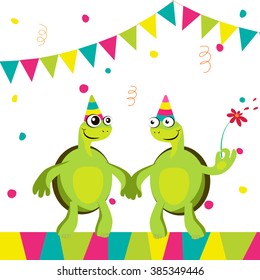 Two funny cartoon turtles  at a party