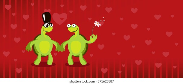 Two funny cartoon turtles with red heart background. Happy Valentines Day Card. Vector illustration. 