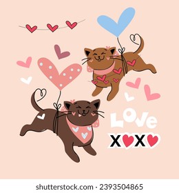 Two funny cats are flying in a hot air balloon. Valentine's Day card. Vector illustration