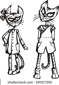Two funny cats. Set of black and white vector illustrations.