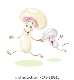 Two funny champignons. In cartoon style. Isolated on white background. Vector flat illustration.