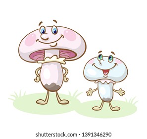 Two funny champignons stand together. In cartoon style. Isolated on white background. Vector illustration.