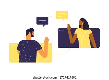 Two funny characters communicate using online videos and messages. Vector illustration, the concept of remote meetings. Afro American and European people. Flat design, isolated on white. 