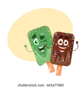 Two funny characters of ice-cream with smile on the face. Chocolate and kiwi taste. Cartoon style. Vector illustration isolated on white background with yellow place for text