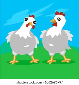 Two funny chicken illustration with blue sky and green grass background
