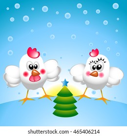 Two funny Chicks with a Christmas tree