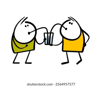 Two funny children drink water on a hot day from the same glass. Vector illustration of cocktail party and stickman. Quench your thirst.