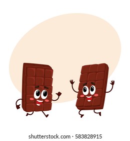 Two funny chocolate bar characters jumping from happiness and excitement, cartoon vector illustration with place for text. Couple of funny jumping chocolate characters, mascots