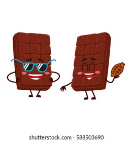 Two funny chocolate bar characters, one in funky sunglasses another holding cocoa bean, cartoon vector illustration isolated on white background. Couple of funny chocolate characters, mascots