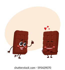 Two funny chocolate bar characters, one showing thumb up, another melting from love, cartoon vector illustration with place for text. Couple of funny chocolate characters, mascots