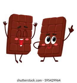 Two funny chocolate bar characters, one jumping excitedly, another standing like star, cartoon vector illustration isolated on white background.  
