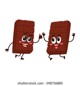 Two funny chocolate bar characters jumping from happiness and excitement, cartoon vector illustration isolated on white background. Couple of funny jumping chocolate characters, mascots