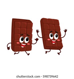 Two funny chocolate bar characters, one chasing, running after the other, cartoon vector illustration isolated on white background. Couple of funny chocolate characters, mascots