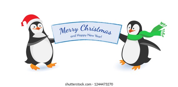 Two funny Christmas penguins hold a poster with a words: merry Christmas and happy New Year. . Flat Vector  cartoon isolated  illustration. Can be used for postcards, posters, greeting cards