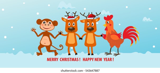 Two funny Christmas reindeer, monkey and rooster. Symbols 2016 and 2017 years. Christmas card.