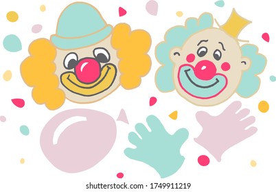 two funny clowns in hats, with gloves and a balloon