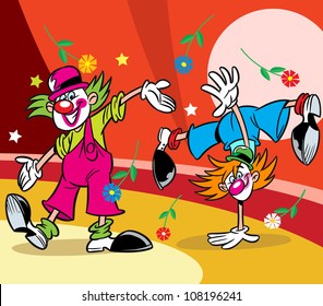 Two funny clowns performs at the circus arena.Illustration done in cartoon style, on separate layers