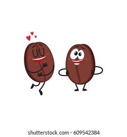 Two funny coffee bean characters, one showing love, another arms akimbo, cartoon vector illustration isolated on white background.