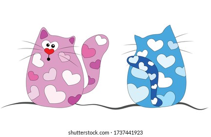 Two funny colored cats in hearts.