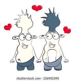 Two funny creatures. Monsters in love.