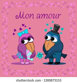 two funny crows, a gentleman seduces a lady, cartoon Valentine