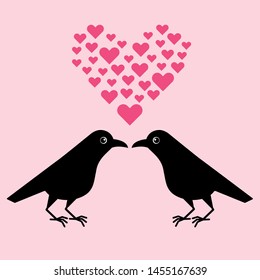 Two funny crows, a gentleman seduces a lady, cartoon Valentine. Cute raven illustration