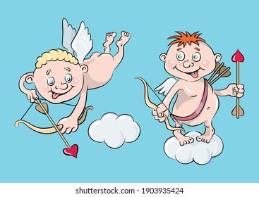 Two funny cupids with a bow and an arrow in the form of a heart fly and stand on a cloud, aim, shoot a bow. Ready-made greeting card for Valentine's Day, wedding. Vector illustration, cartoon
