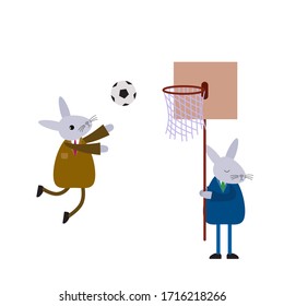 Two funny cute cartoon hares play basketball with a soccer ball