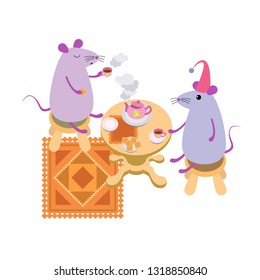 Two funny cute cartoon mice drink tea with cookies