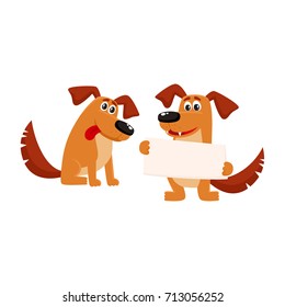 Two funny cute dog characters, one sitting, another holding blank board, poster, cartoon vector illustration isolated on white background. Couple of funny dog characters sitting, holding board