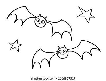 Two funny and cute flying bats. A set of cartoon illustrations of various stars and bats. Hand-drawn vector illustrations of bats in doodle style, isolated. For postcards, stickers for Halloween.