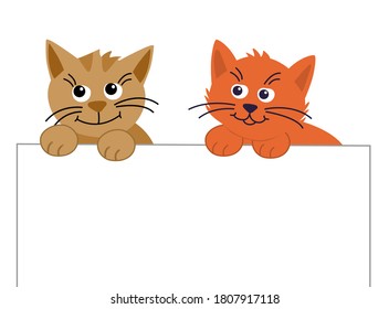Two funny cute pet cat looks up and holds a paper sheet. Flat design style. Isolated on white background. Vector illustration.