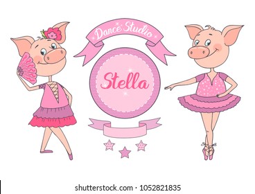 Two funny cute pig in pink tutu in pose of classical ballet. Can be used for logo or emblems of the ballet school, dance studio, invitations. Cartoon style. Horizontal size