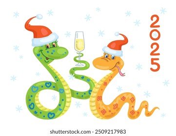 Dos divertidas serpientes decorativas en sombreros de Santa con una copa de vino. Símbolo del Año Nuevo Chino. Tarjeta de felicitación 2025 en estilo de dibujos animados. Aislado sobre fondo blanco. Ilustración vectorial.