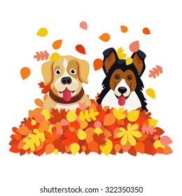 Two funny dogs playing in an autumn fallen leafs pile. Flat style vector illustration isolated on white background.