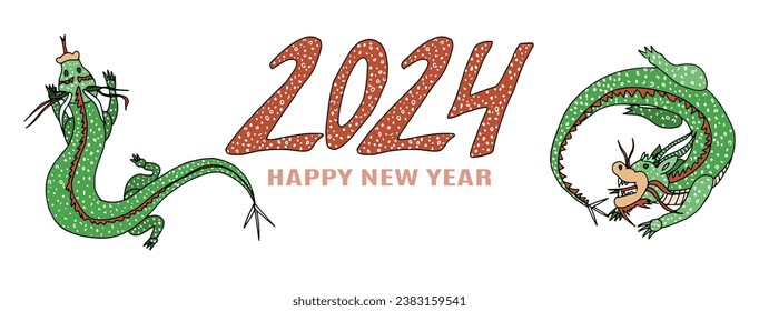 two funny dragons poster for the bright new year. stock vector image